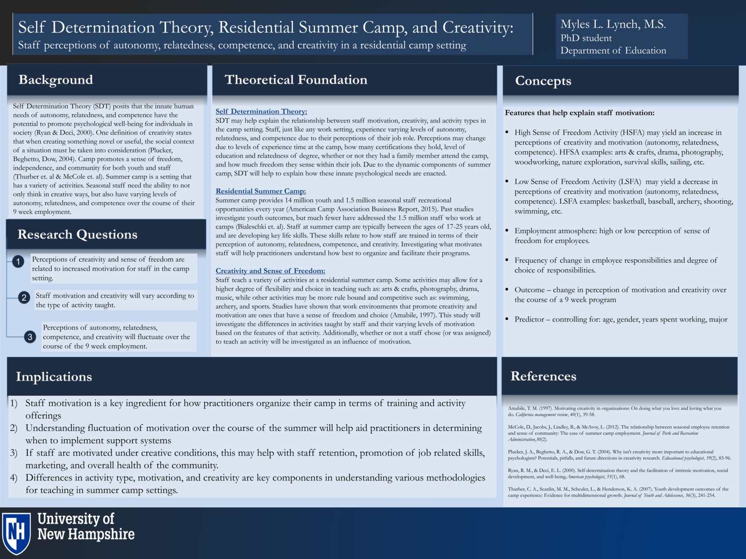 Self Determination Theory, Residential Summer Camp, And Creativity: Staff Perceptions Of Autonomy, Relatedness, Competence, And Creativity In A Residential Camp Setting by myleslynch